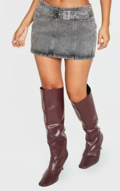 Discount PrettyLittleThing Petite Acid Wash Denim Buckle Detail Mini Skirt Grey