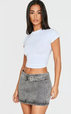 Discount PrettyLittleThing Petite Acid Wash Denim Buckle Detail Mini Skirt Grey