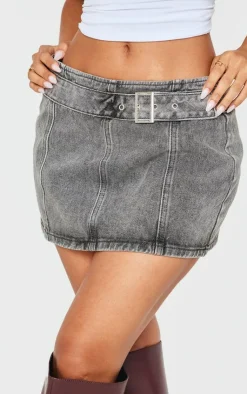 Discount PrettyLittleThing Petite Acid Wash Denim Buckle Detail Mini Skirt Grey