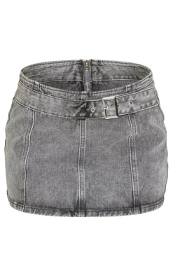 Discount PrettyLittleThing Petite Acid Wash Denim Buckle Detail Mini Skirt Grey