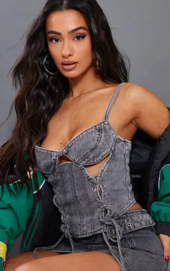 Discount PrettyLittleThing Petite Acid Wash Denim Lace Up Corset Grey