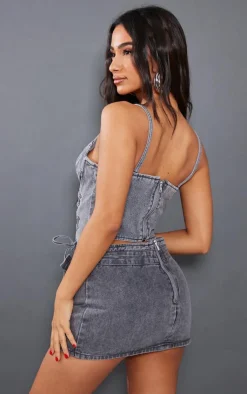 Discount PrettyLittleThing Petite Acid Wash Denim Lace Up Corset Grey