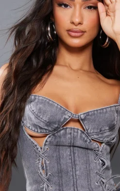 Discount PrettyLittleThing Petite Acid Wash Denim Lace Up Corset Grey