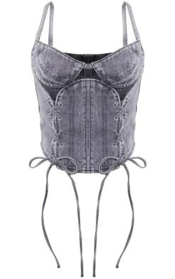 Discount PrettyLittleThing Petite Acid Wash Denim Lace Up Corset Grey