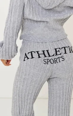 Petite Grey Athletic Sport Embroidered Knit Flared Pants
