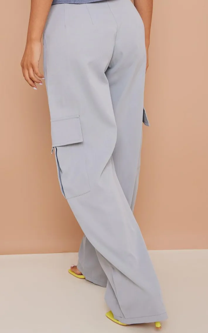 Petite Grey Buckle Detail Cargo Wide Leg Pants