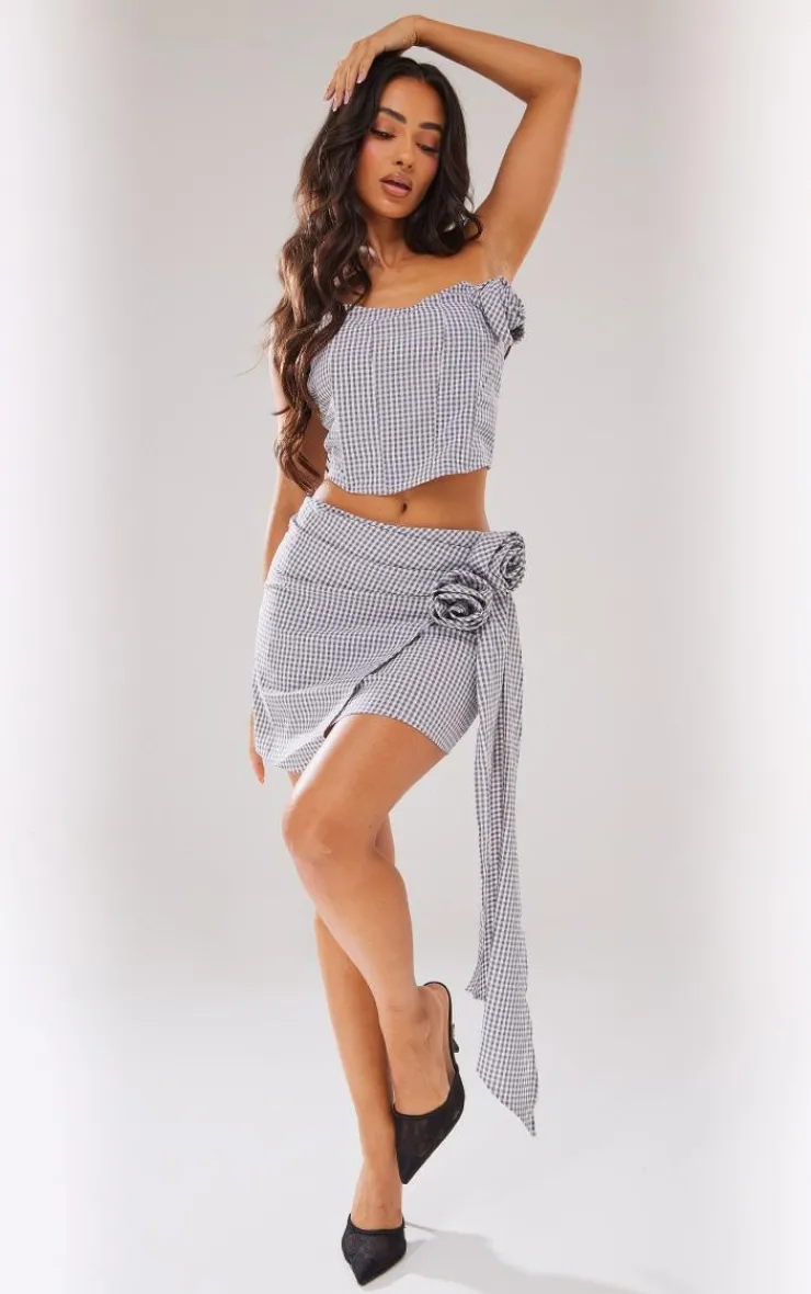 Sale PrettyLittleThing Petite Checked Rose Detail Corset Top Grey