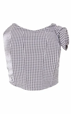 Sale PrettyLittleThing Petite Checked Rose Detail Corset Top Grey