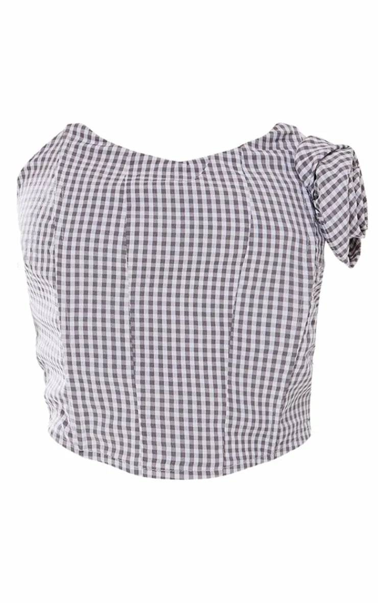 Sale PrettyLittleThing Petite Checked Rose Detail Corset Top Grey