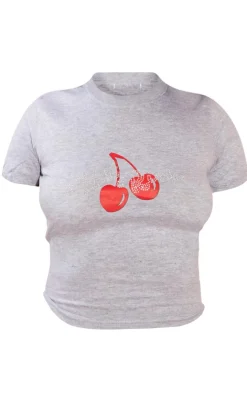 PrettyLittleThing T-Shirts*Petite Cherry Printed Fitted Cropped T-shirt