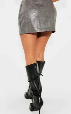 New PrettyLittleThing Petite Croc Faux Leather Buckle Detail Mini Skirt Grey