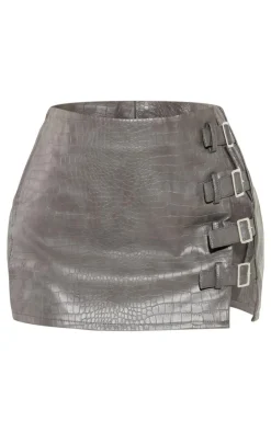 New PrettyLittleThing Petite Croc Faux Leather Buckle Detail Mini Skirt Grey