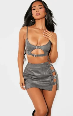 New PrettyLittleThing Petite Croc Faux Leather Buckle Detail Bralet Grey