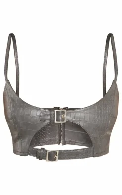 New PrettyLittleThing Petite Croc Faux Leather Buckle Detail Bralet Grey