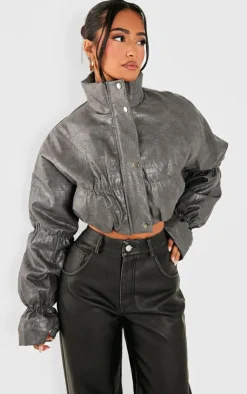 PrettyLittleThing Puffer Jackets*Petite Croc Faux Leather Cropped Puffer Jacket