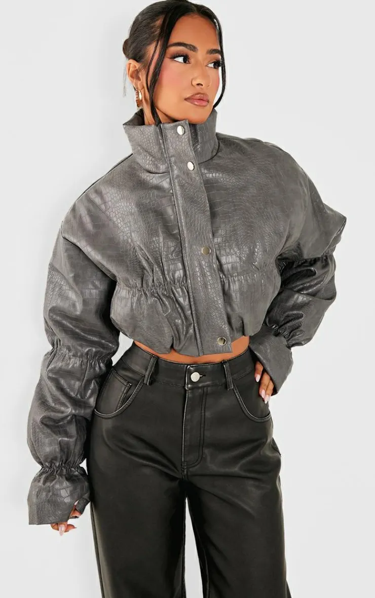 PrettyLittleThing Puffer Jackets*Petite Croc Faux Leather Cropped Puffer Jacket