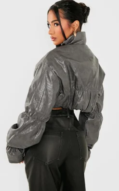 PrettyLittleThing Puffer Jackets*Petite Croc Faux Leather Cropped Puffer Jacket