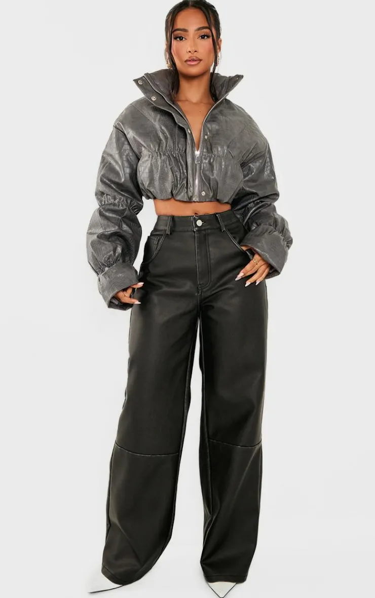 PrettyLittleThing Puffer Jackets*Petite Croc Faux Leather Cropped Puffer Jacket