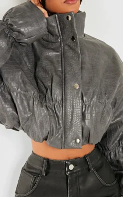 PrettyLittleThing Puffer Jackets*Petite Croc Faux Leather Cropped Puffer Jacket