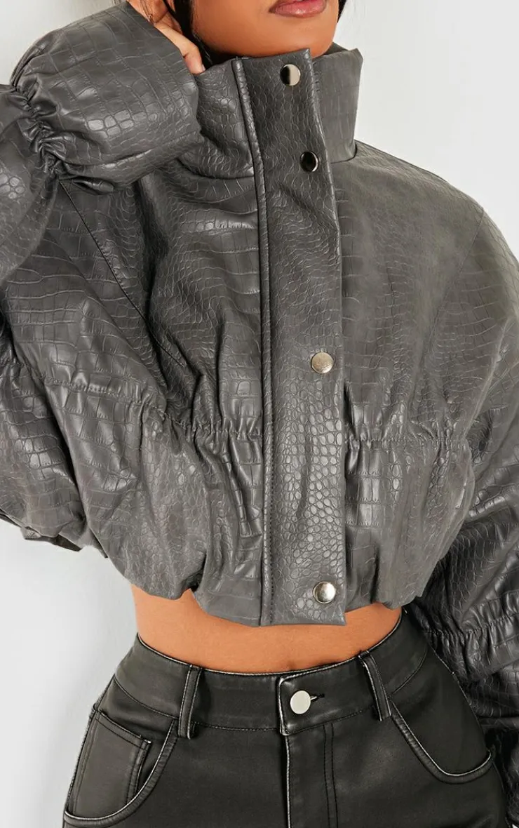 PrettyLittleThing Puffer Jackets*Petite Croc Faux Leather Cropped Puffer Jacket