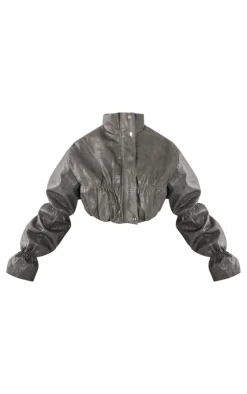 PrettyLittleThing Puffer Jackets*Petite Croc Faux Leather Cropped Puffer Jacket