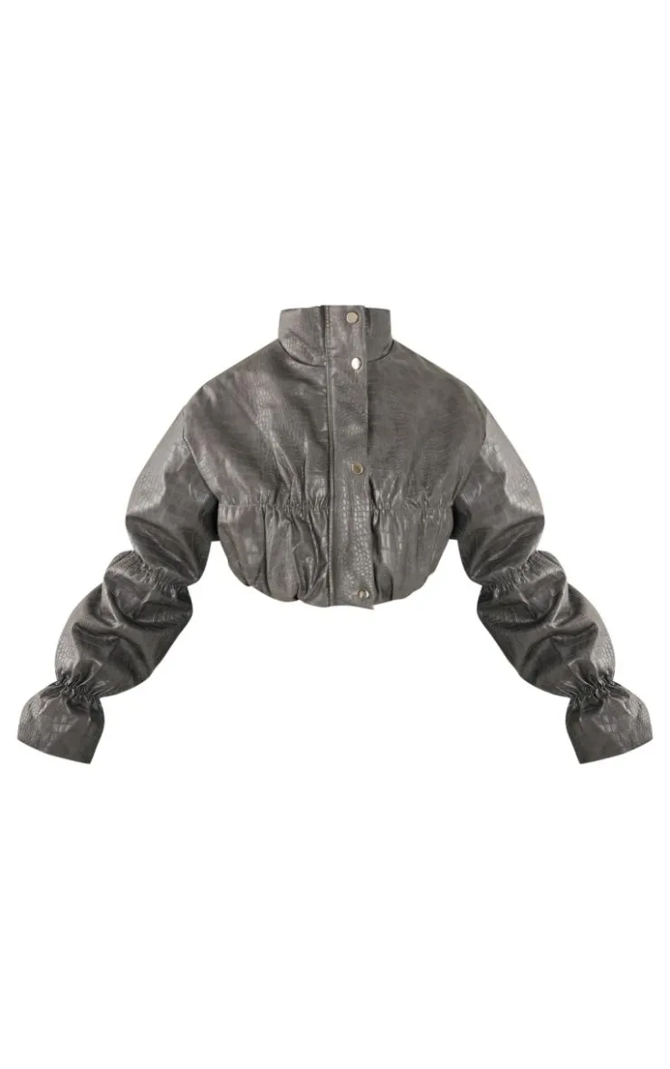 PrettyLittleThing Puffer Jackets*Petite Croc Faux Leather Cropped Puffer Jacket