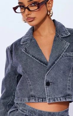 New PrettyLittleThing Petite Cropped Denim Blazer Grey