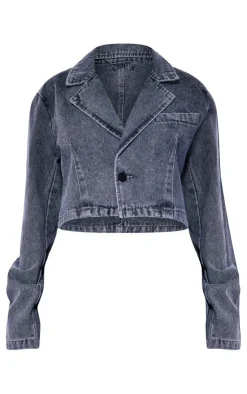 New PrettyLittleThing Petite Cropped Denim Blazer Grey