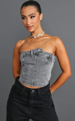 PrettyLittleThing Corsets*Petite Denim Button Detail Corset