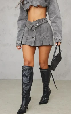 Outlet PrettyLittleThing Petite Distressed Button Front Denim Micro Mini Skirt Grey