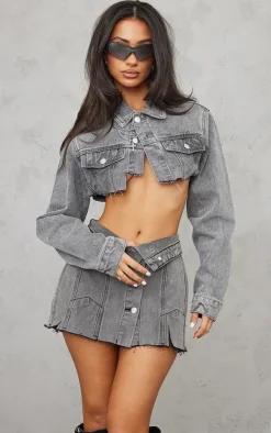 Outlet PrettyLittleThing Petite Distressed Button Front Denim Micro Mini Skirt Grey