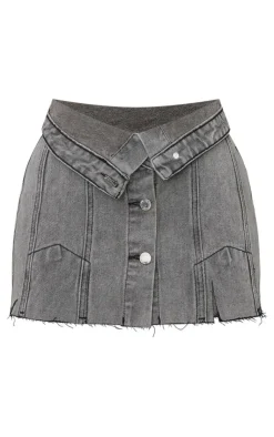 Outlet PrettyLittleThing Petite Distressed Button Front Denim Micro Mini Skirt Grey