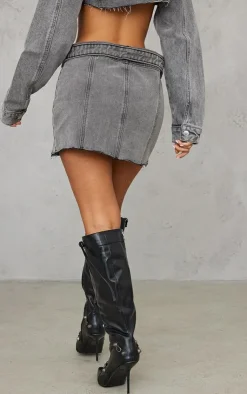 Discount PrettyLittleThing Petite Distressed Denim Foldover Micro Mini Skirt Grey