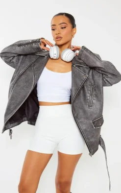 PrettyLittleThing Faux Leather Jackets*Petite Distressed Look Faux Leather Longline Jacket