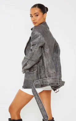 PrettyLittleThing Faux Leather Jackets*Petite Distressed Look Faux Leather Longline Jacket