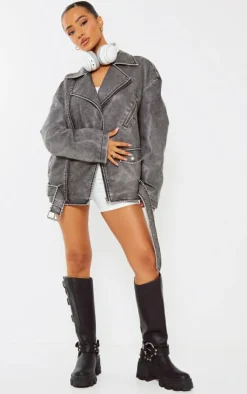 PrettyLittleThing Faux Leather Jackets*Petite Distressed Look Faux Leather Longline Jacket