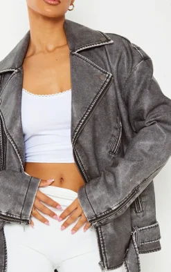 PrettyLittleThing Faux Leather Jackets*Petite Distressed Look Faux Leather Longline Jacket