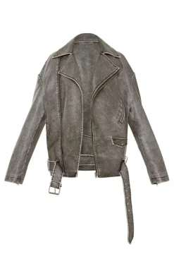 PrettyLittleThing Faux Leather Jackets*Petite Distressed Look Faux Leather Longline Jacket