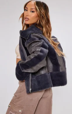 PrettyLittleThing Faux Fur Coats*Petite Distressed PU & Fur Contrast Jacket