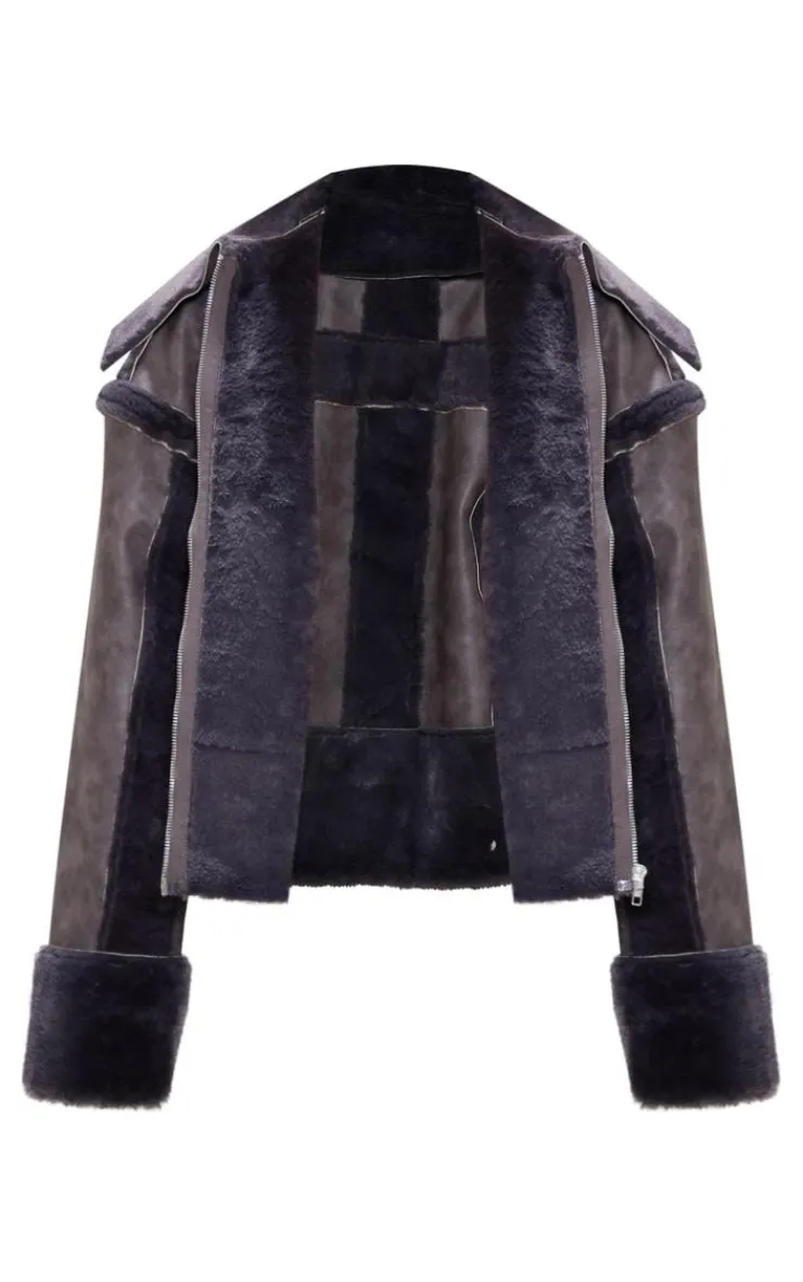 PrettyLittleThing Faux Fur Coats*Petite Distressed PU & Fur Contrast Jacket