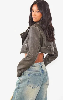 PrettyLittleThing Faux Leather Jackets*Petite Faux Washed Leather Super Cropped Belted Biker Jacket