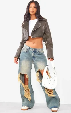 PrettyLittleThing Faux Leather Jackets*Petite Faux Washed Leather Super Cropped Belted Biker Jacket