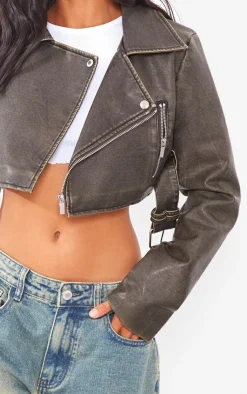 PrettyLittleThing Faux Leather Jackets*Petite Faux Washed Leather Super Cropped Belted Biker Jacket