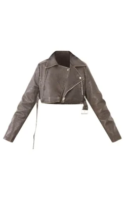 PrettyLittleThing Faux Leather Jackets*Petite Faux Washed Leather Super Cropped Belted Biker Jacket
