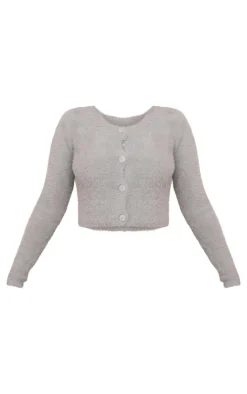 Outlet PrettyLittleThing Petite Fluffy Knit Cropped Cardigan Grey