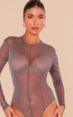 Outlet PrettyLittleThing Petite Glitter Long Sleeve Bodysuit Grey