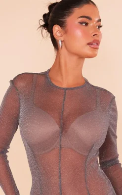 Outlet PrettyLittleThing Petite Glitter Long Sleeve Bodysuit Grey