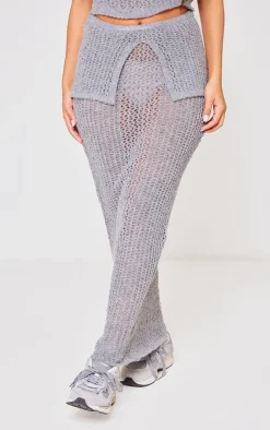Discount PrettyLittleThing Petite Knitted Fold Over Midaxi Skirt Grey