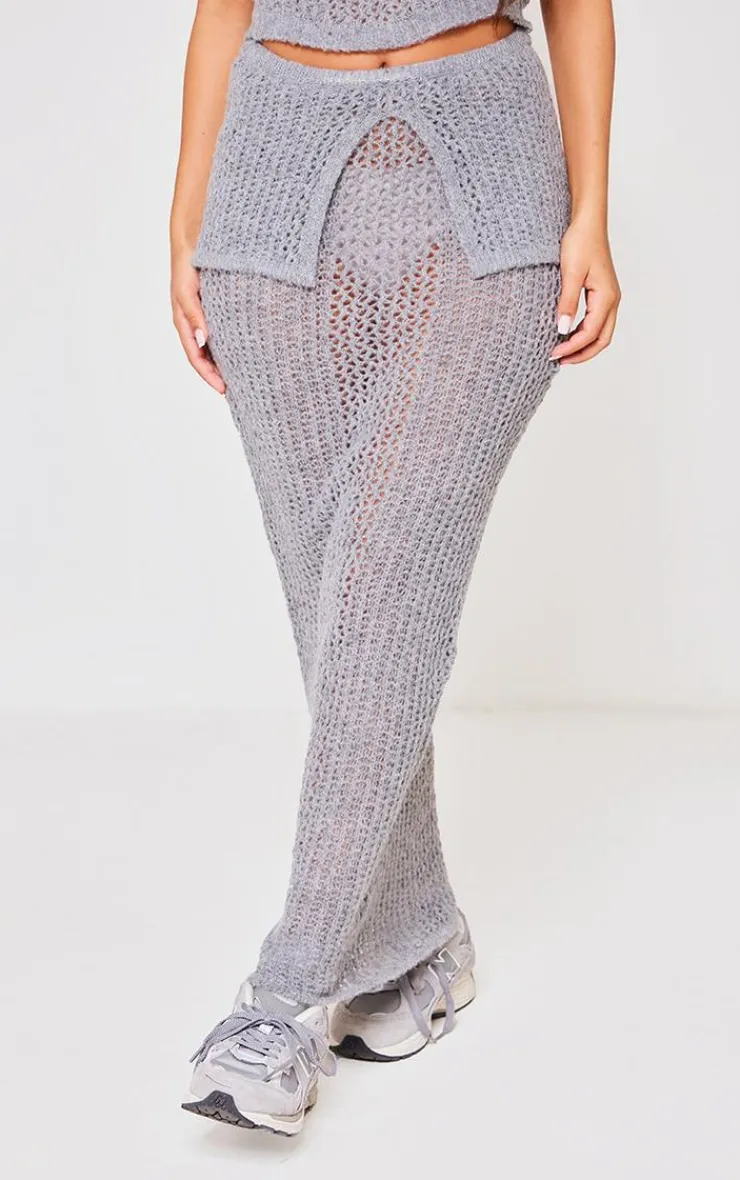 Discount PrettyLittleThing Petite Knitted Fold Over Midaxi Skirt Grey