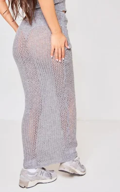 Discount PrettyLittleThing Petite Knitted Fold Over Midaxi Skirt Grey